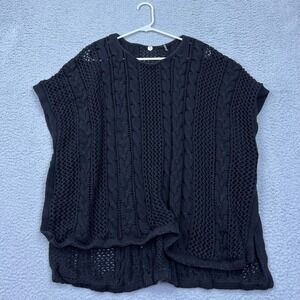 Margaret O'Leary Women's Cable Knit Top Black Open Slit Side Cap Sleeve Sweater